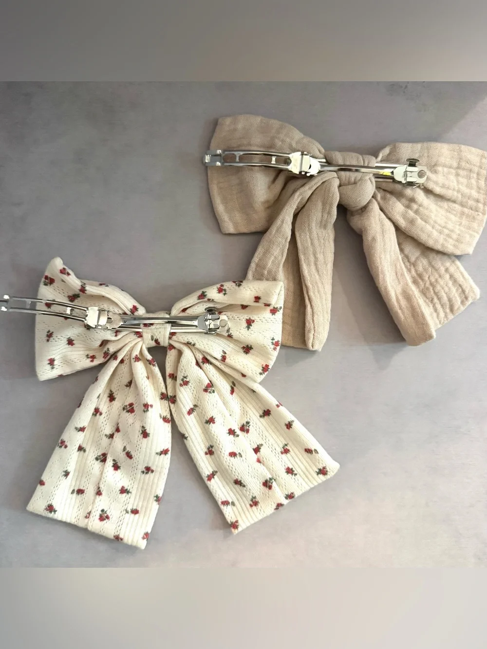 Floral Bow Hair Clip + Neutral Bow Set of 2 Cottage Core, Coquette, Soft Girl